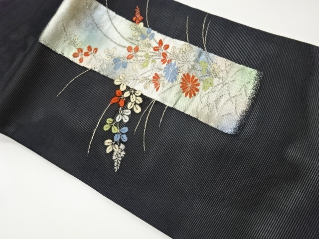 絽短冊に秋草模様織出し名古屋帯